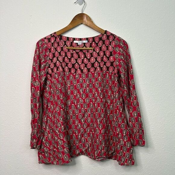 Boden Red Abstract Multiccolor Scoop Neck Long Sleeve Top Size US 6 Petite - Picture 1 of 11